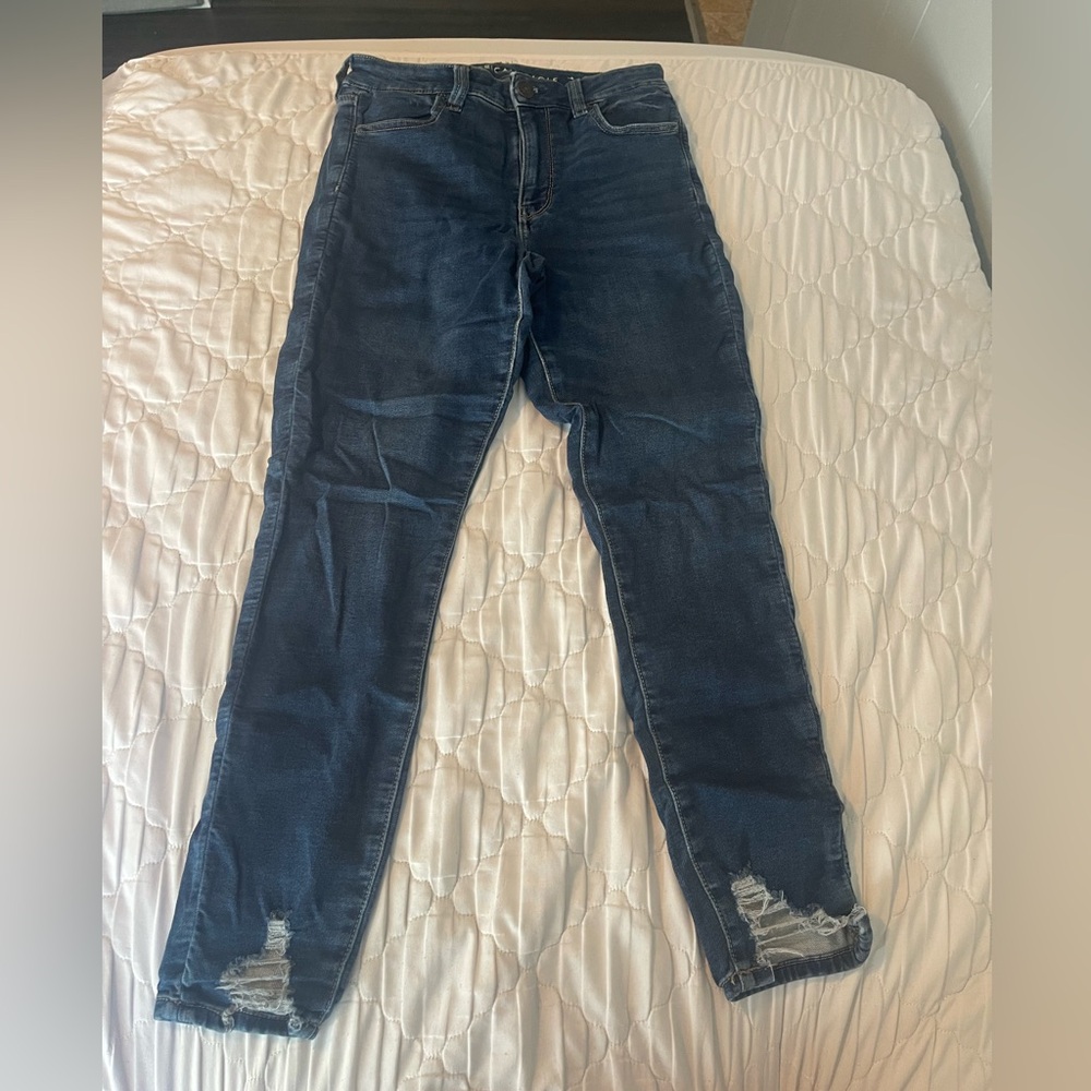 American Eagle Outfitters Blue Skinny Jeans with Distressed Details